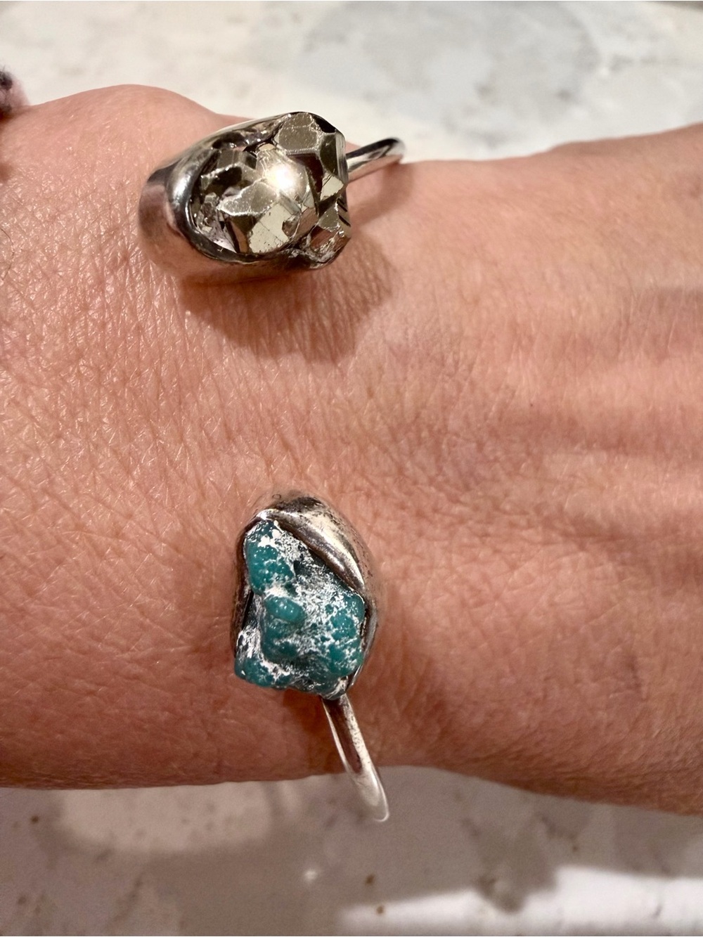 Raw Pyrite and Turquoise Cuff Bracelet - Handcrafted .925 Sterling Silver Bypass